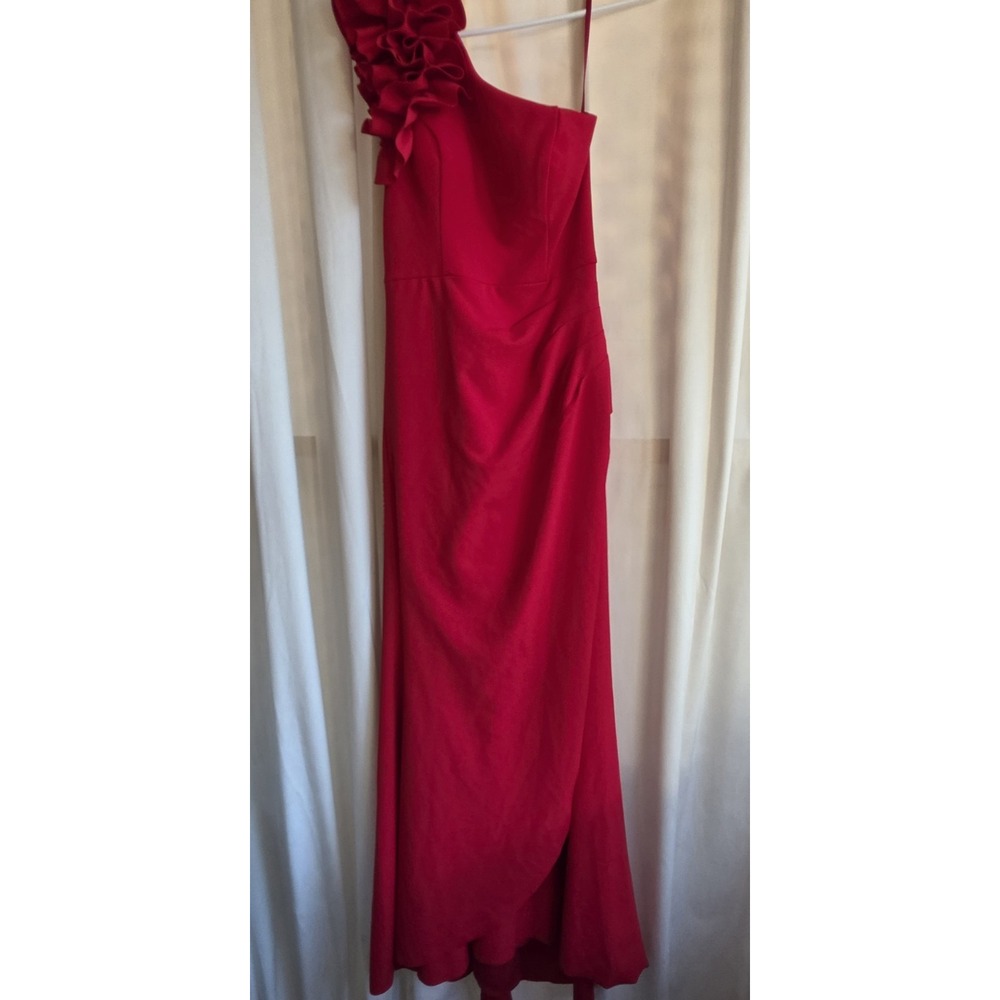 Red Evening Gown Dress Shoulder Ruffle Sleeveless Maxi Long 4 Xscape $100 $298